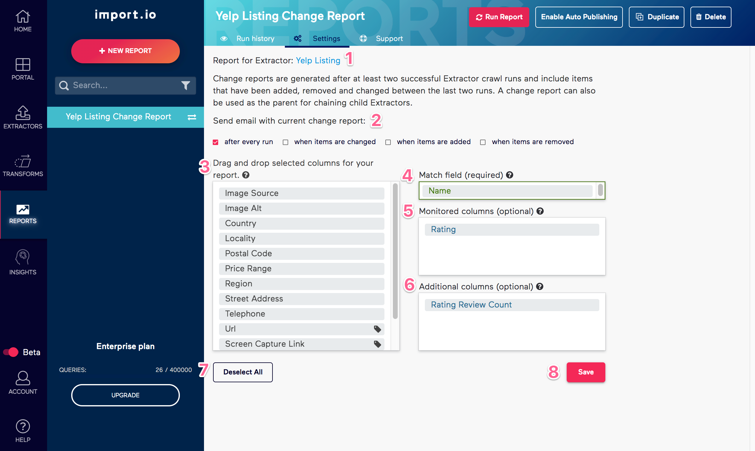 Old Import.io Settings View