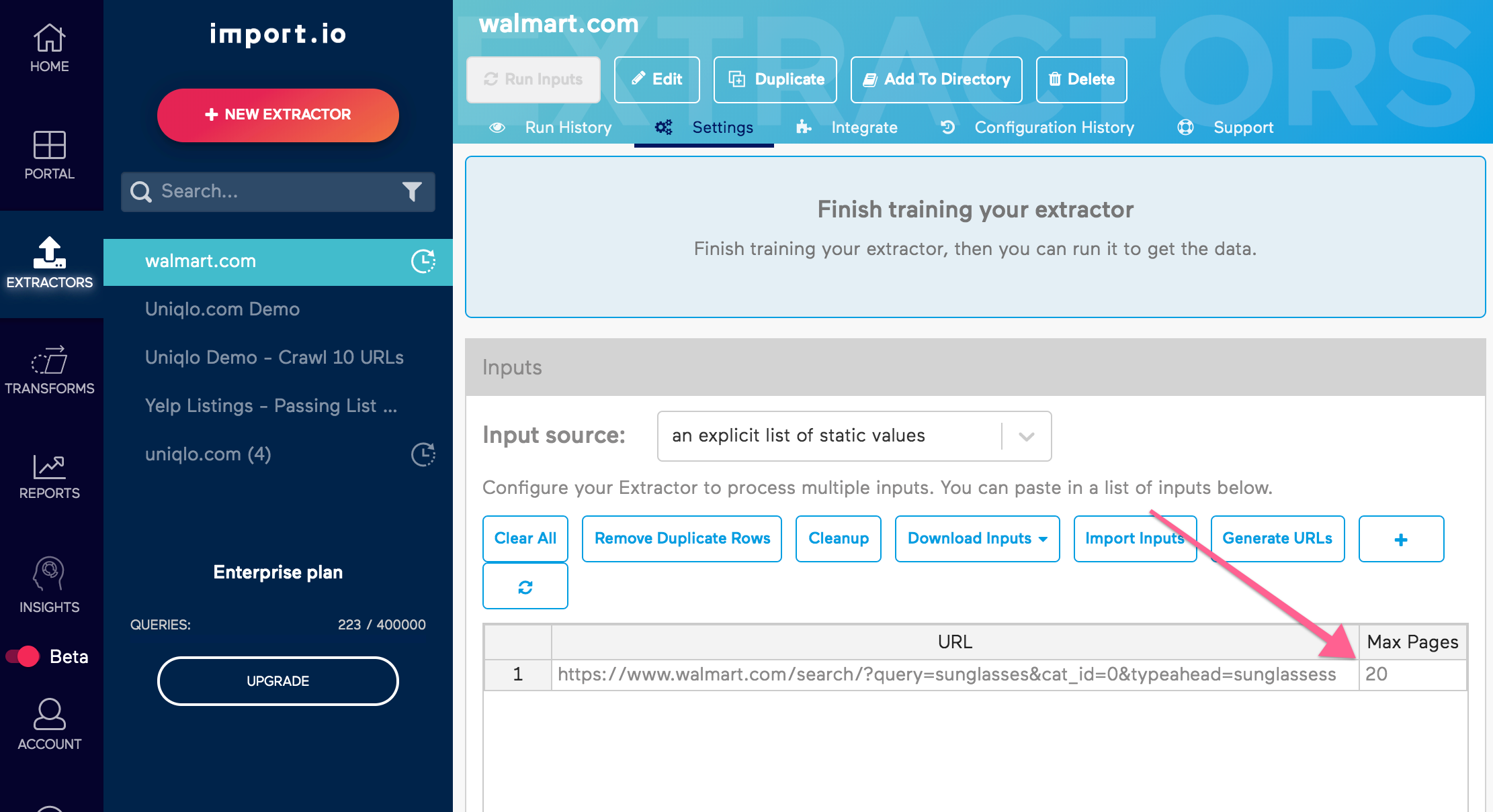 Old Import.io Input View Walmart Max Page Example