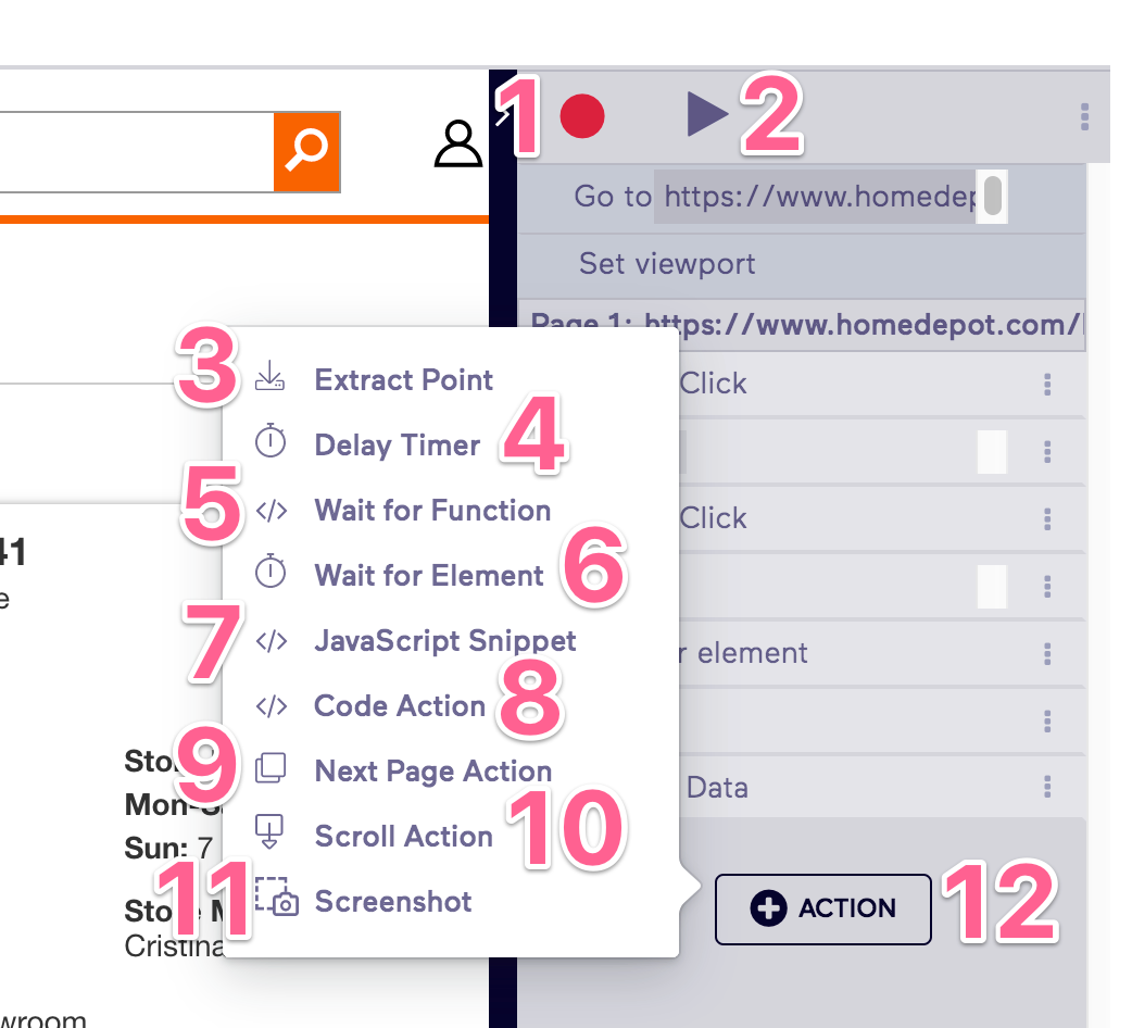 Old Import.io Numbered Interaction Actions View