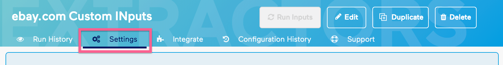 Old Import.io Header Settings Focus View