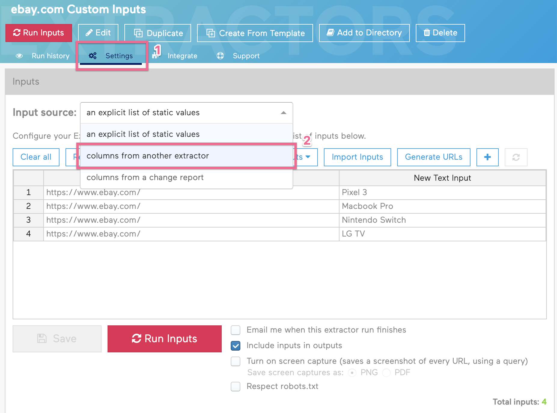 Old Import.io Settings Tab