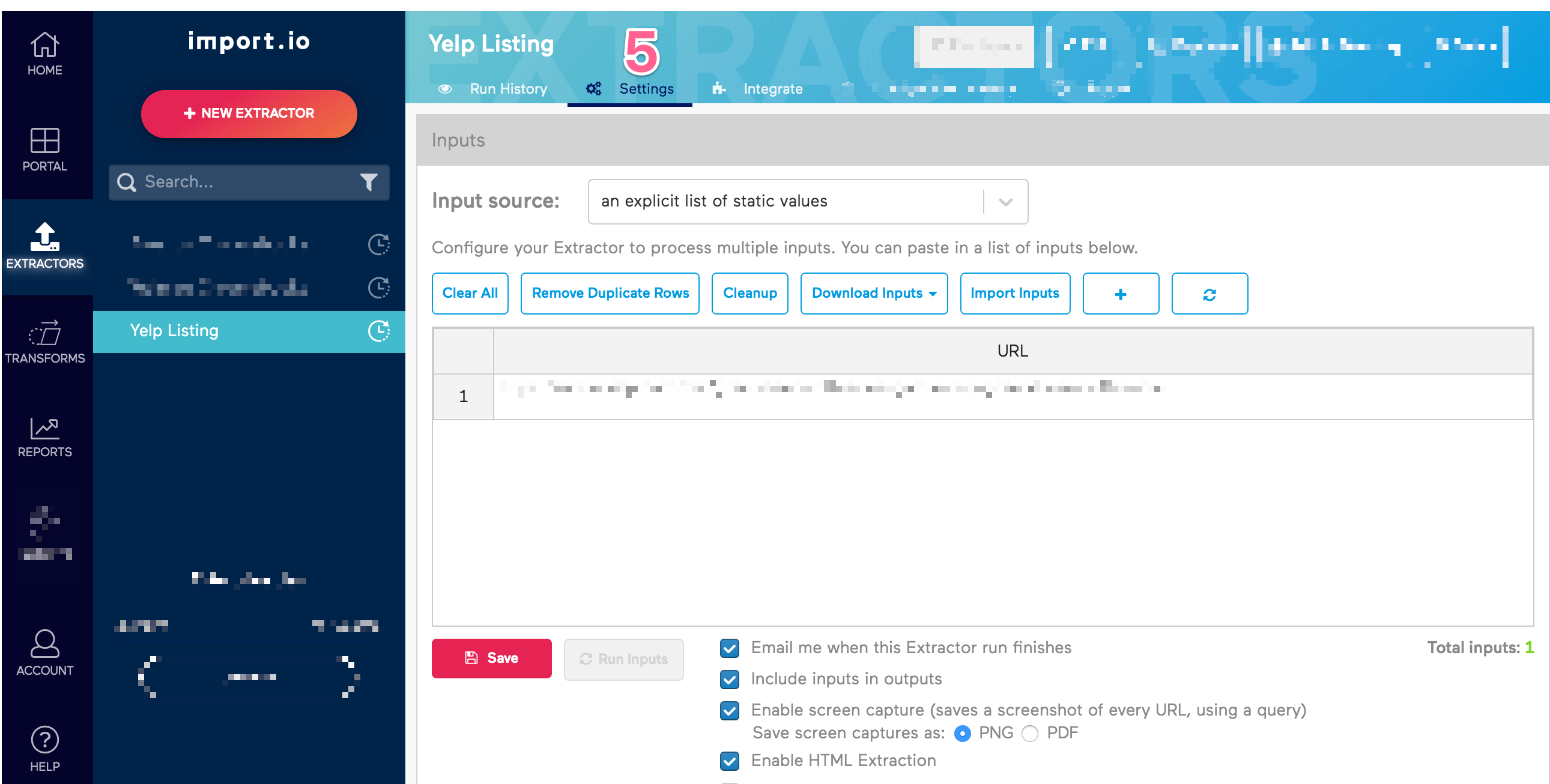 Old Import.io Numbered Extractor Settings Tab View