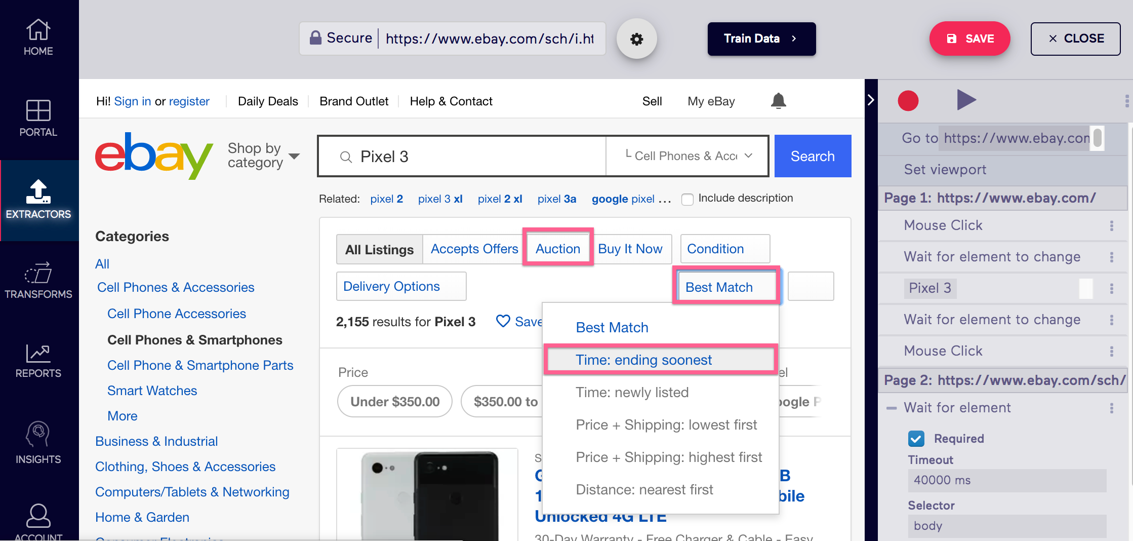 Old Import.io Ebay Interaction Auction/Best Match Example