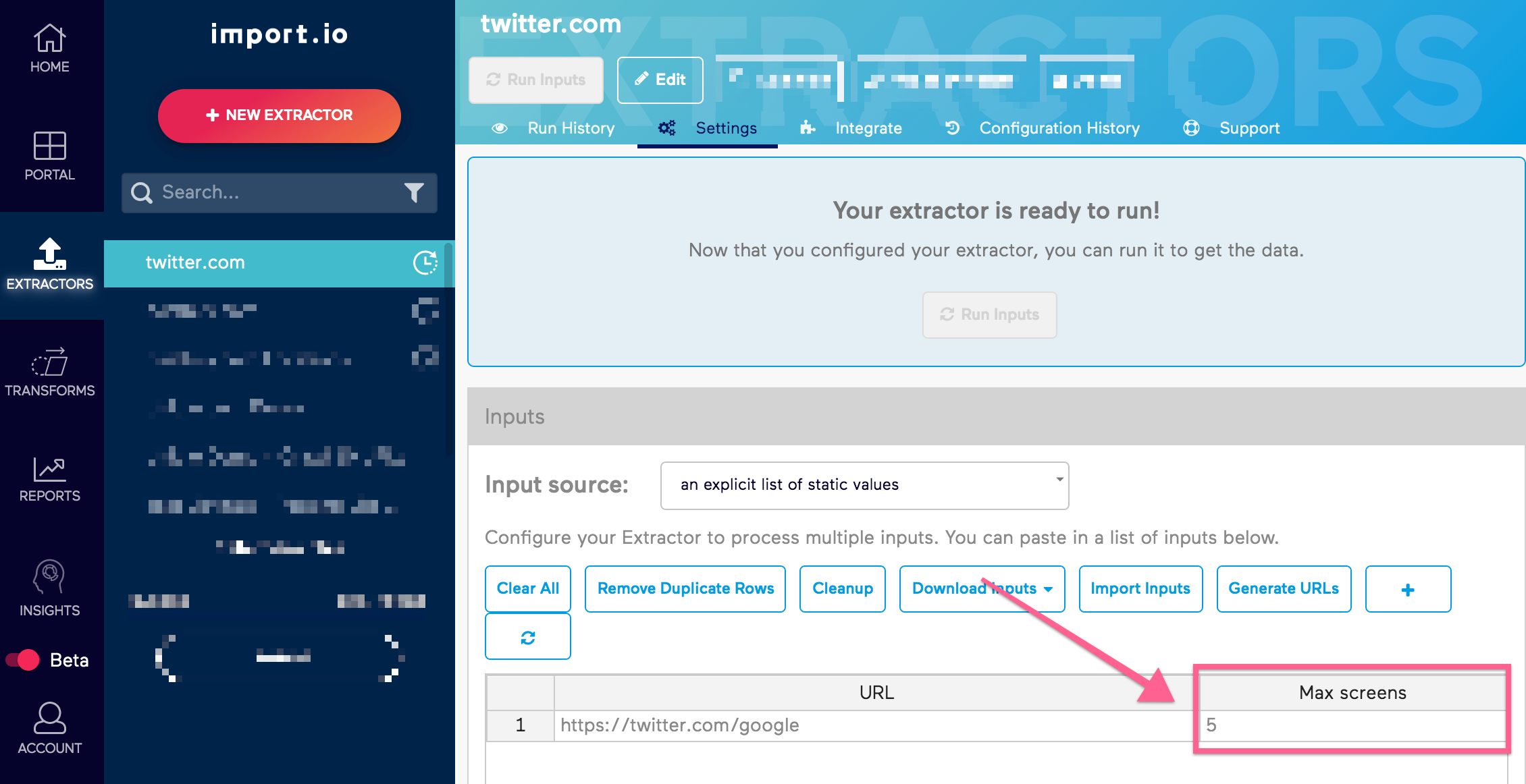 Old Import.io Inputs View Max Screens Focus