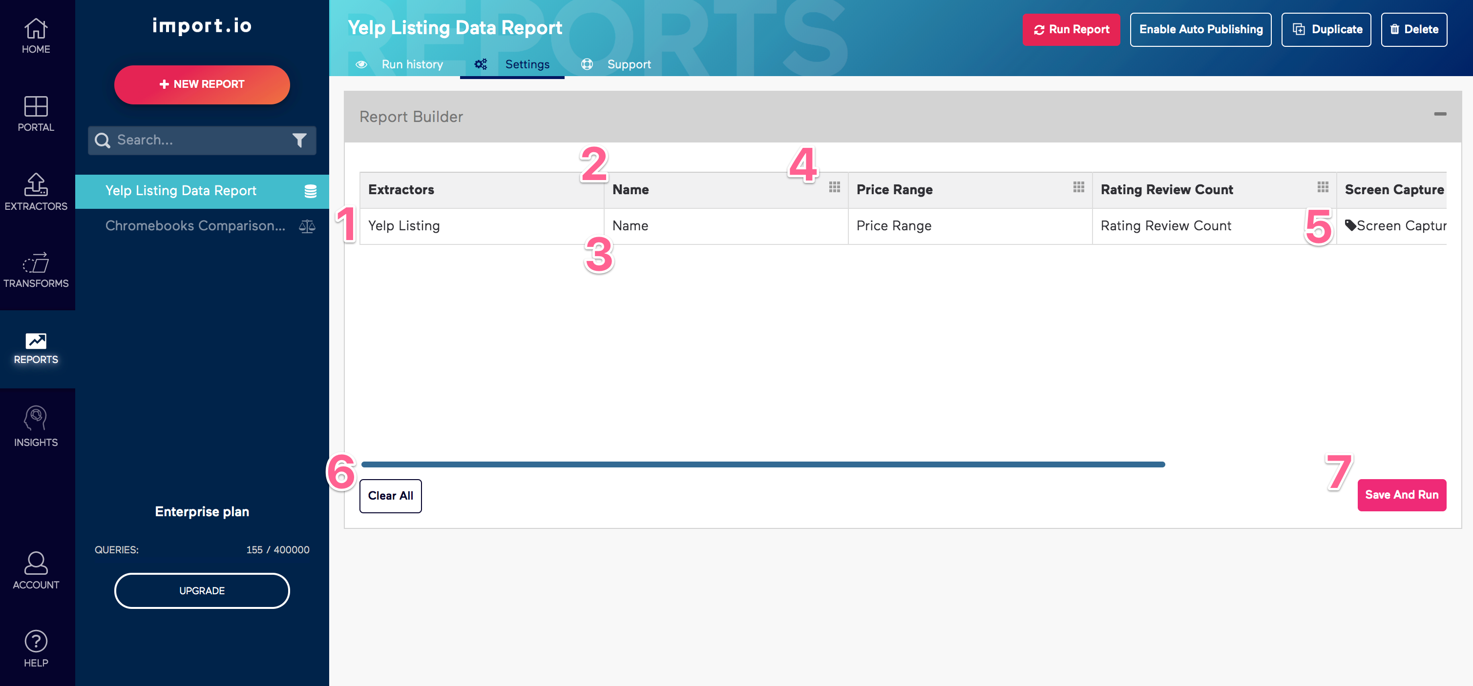 Old Import.io Data Report Settings View