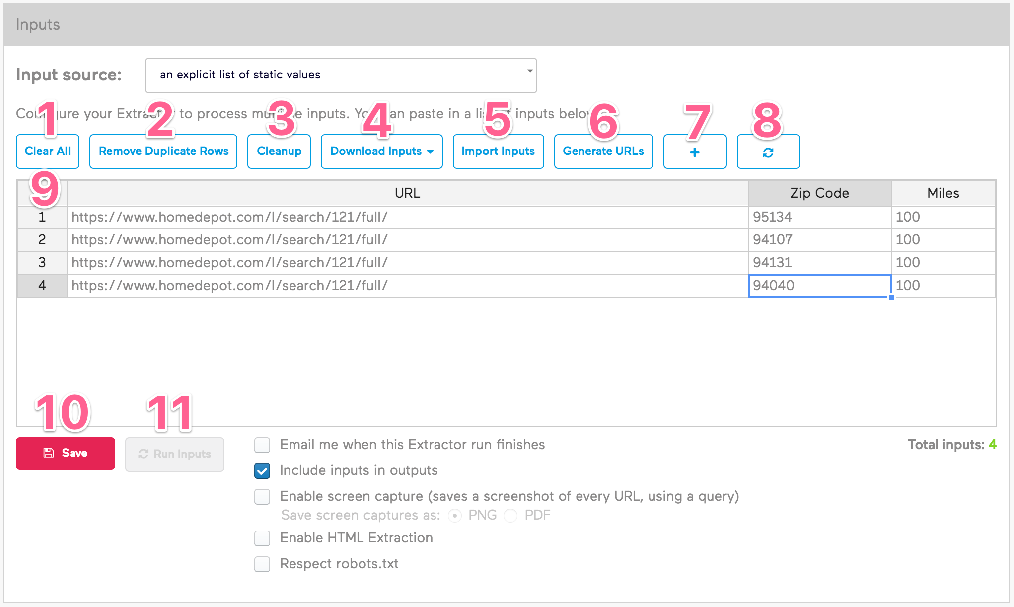 Old Import.io Numbered Inputs View
