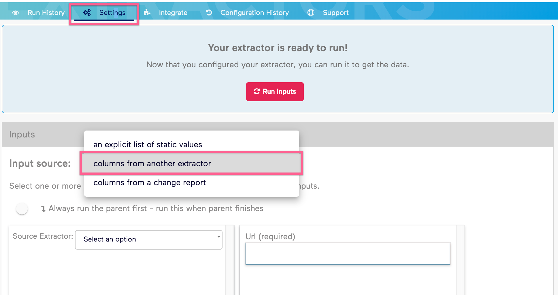 Old Import.io Input Source Options