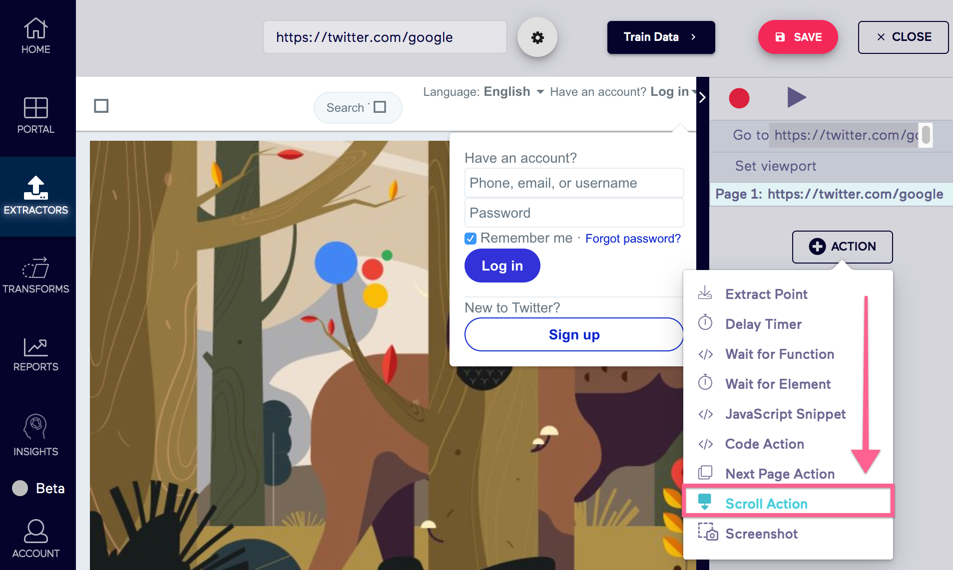 Old Import.io Twitter Interaction Scroll Action Focus