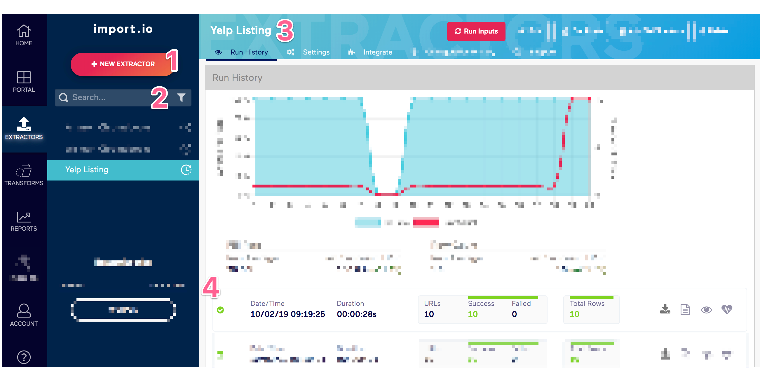Old Import.io Numbered Extractor Run History Tab View