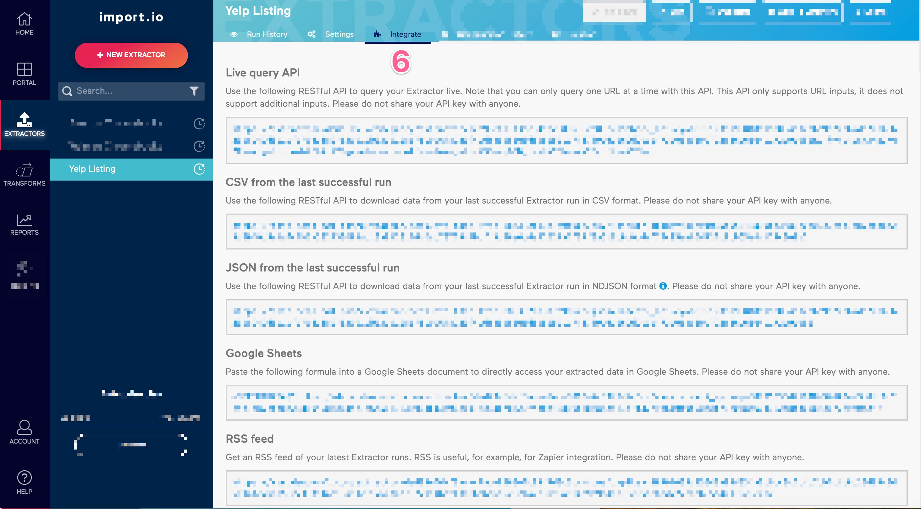 Old Import.io Numbered Extractor Integrate Tab View