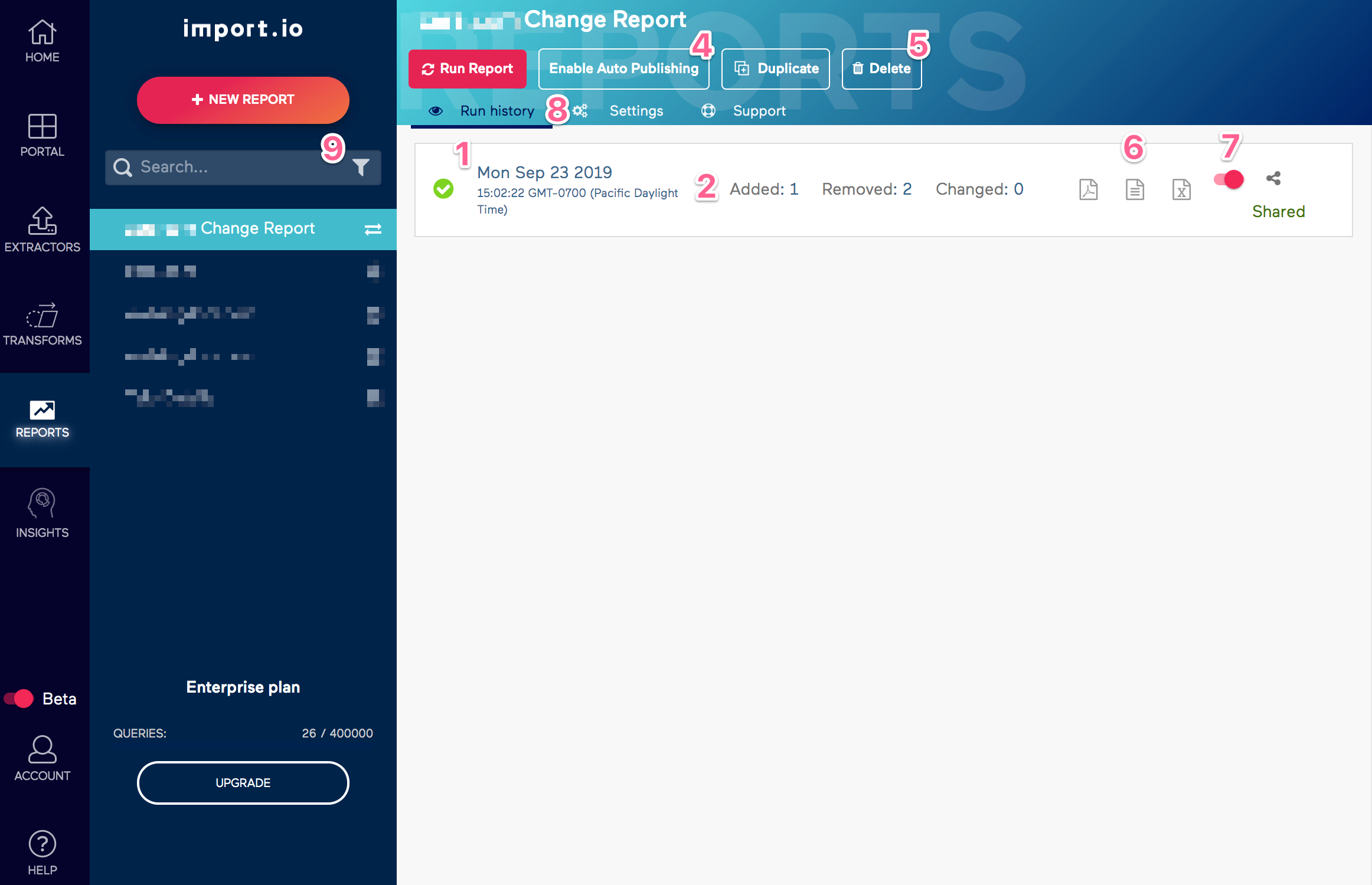 Old Import.io Change Report Run History