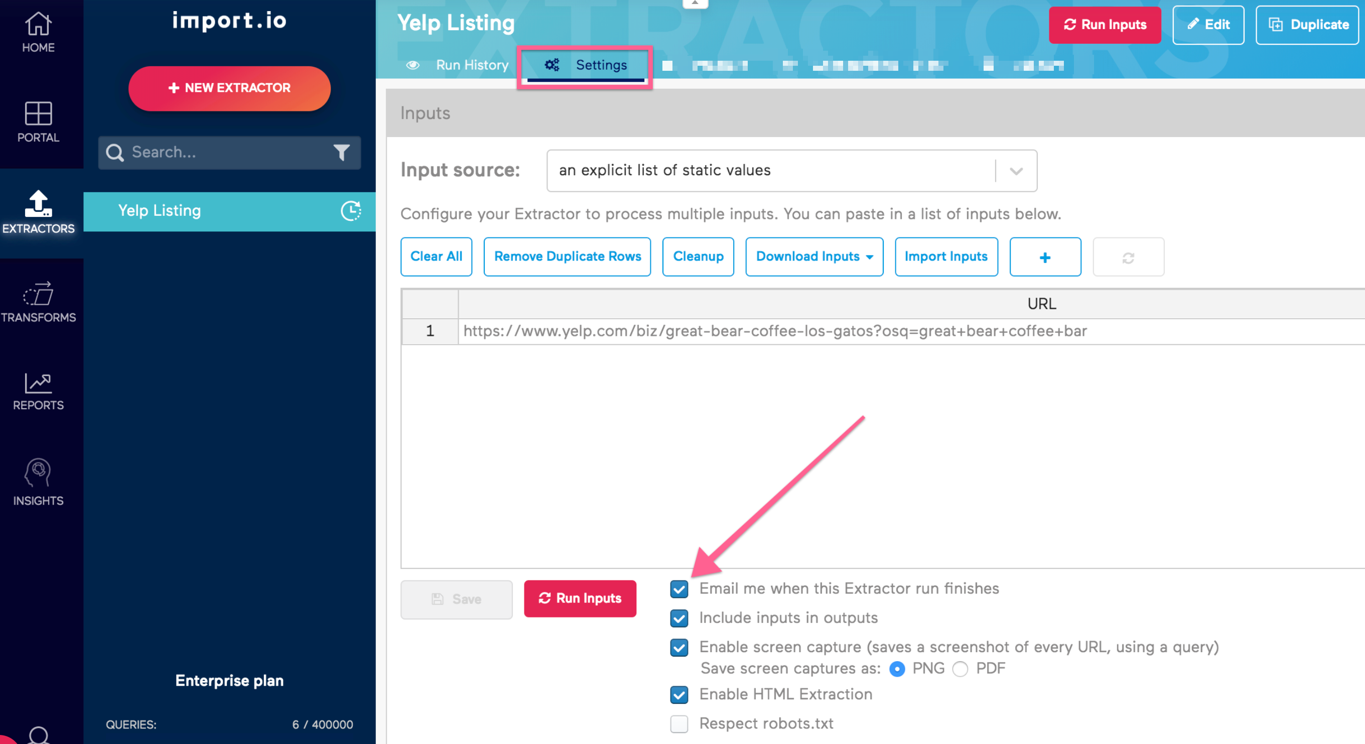 Old Import.io Extractor Settings Tab Notifications Checkbox Focus
