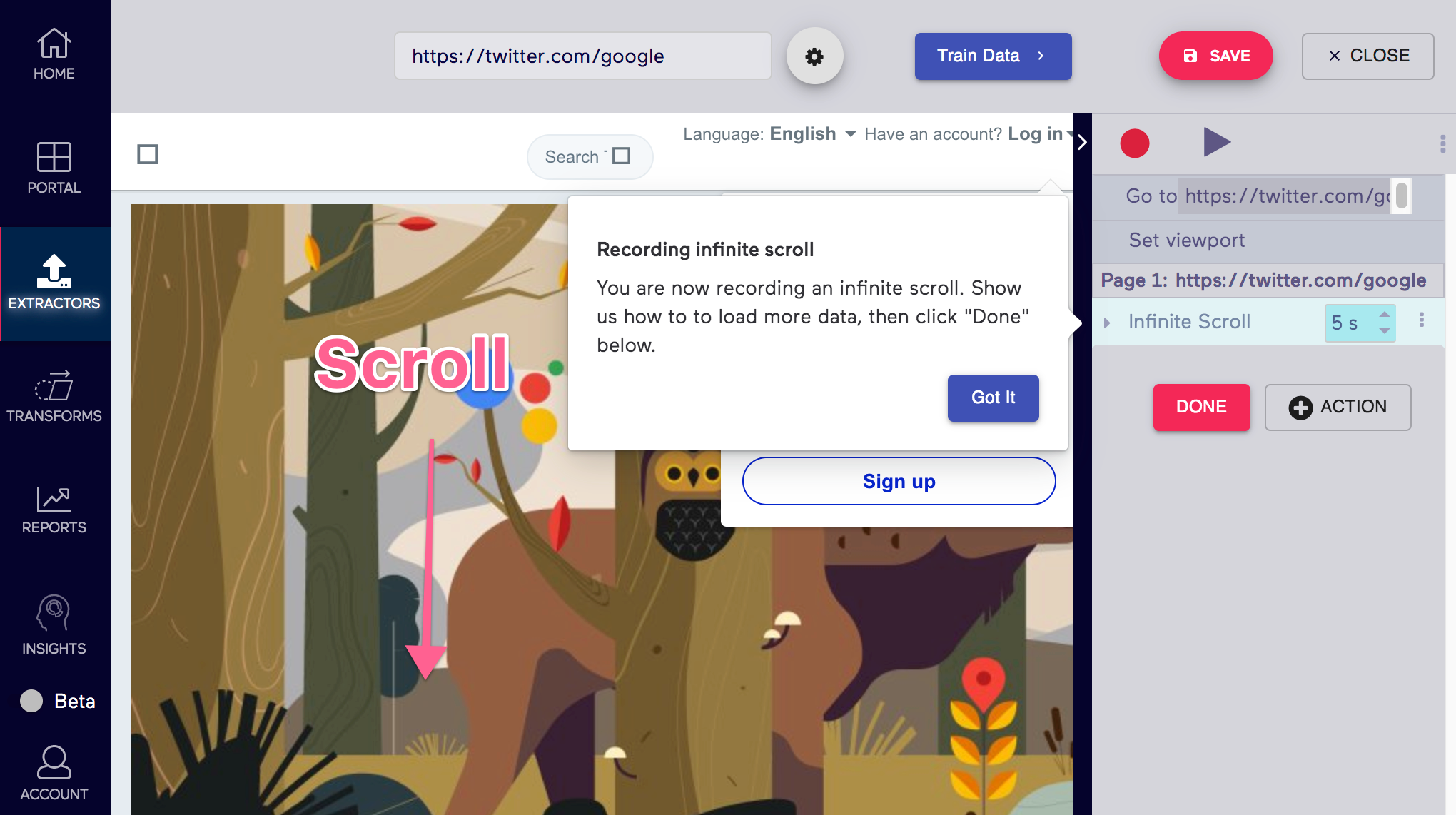 Old Import.io Recording Infinite Scroll Example