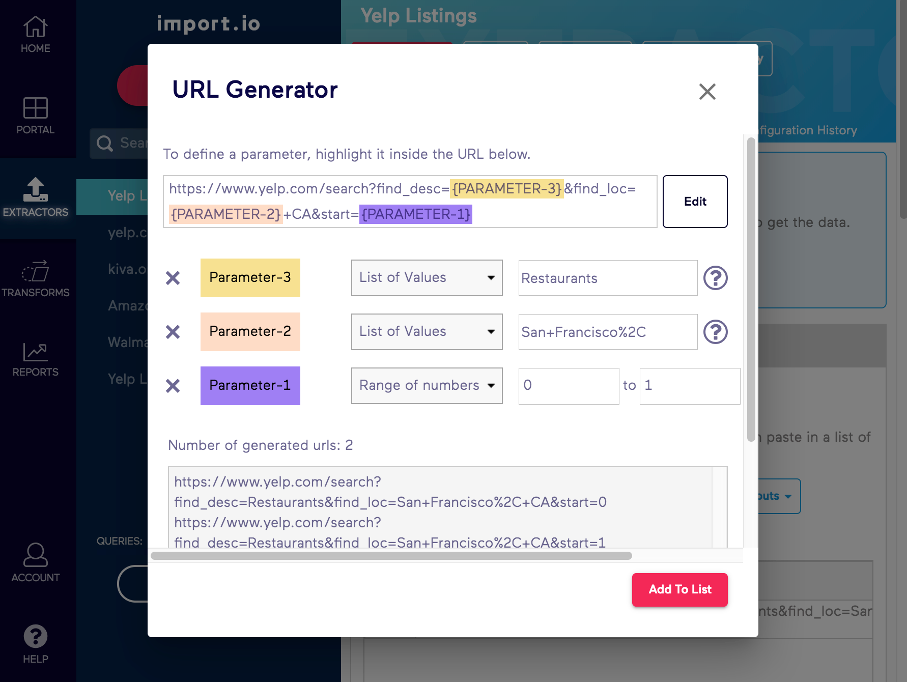 Old Import.io URL Generator Multiple Parameters