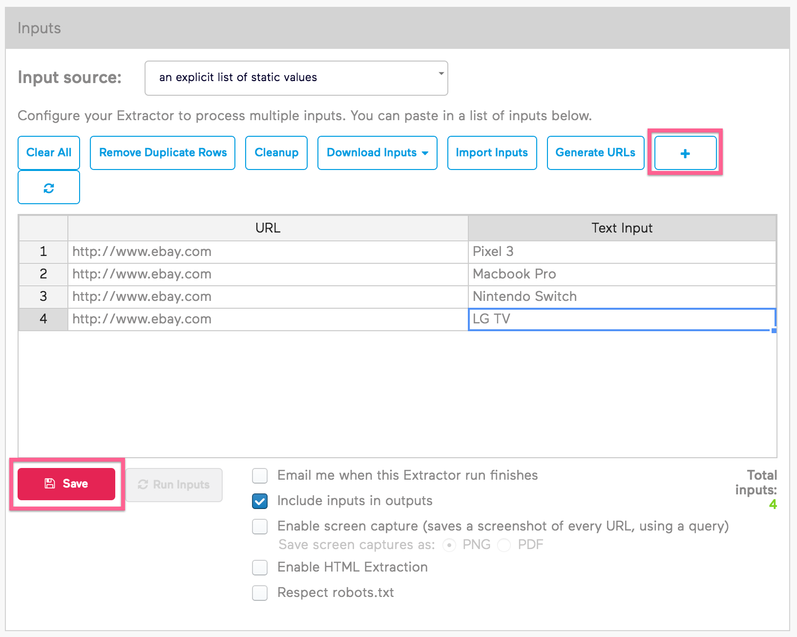 Old Import.io Inputs View Save Button Focus