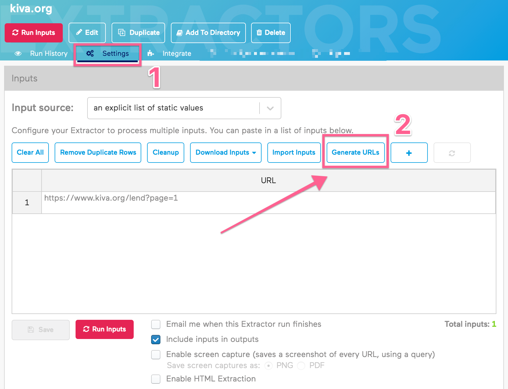 Old Import.io Numbered Settings Tab