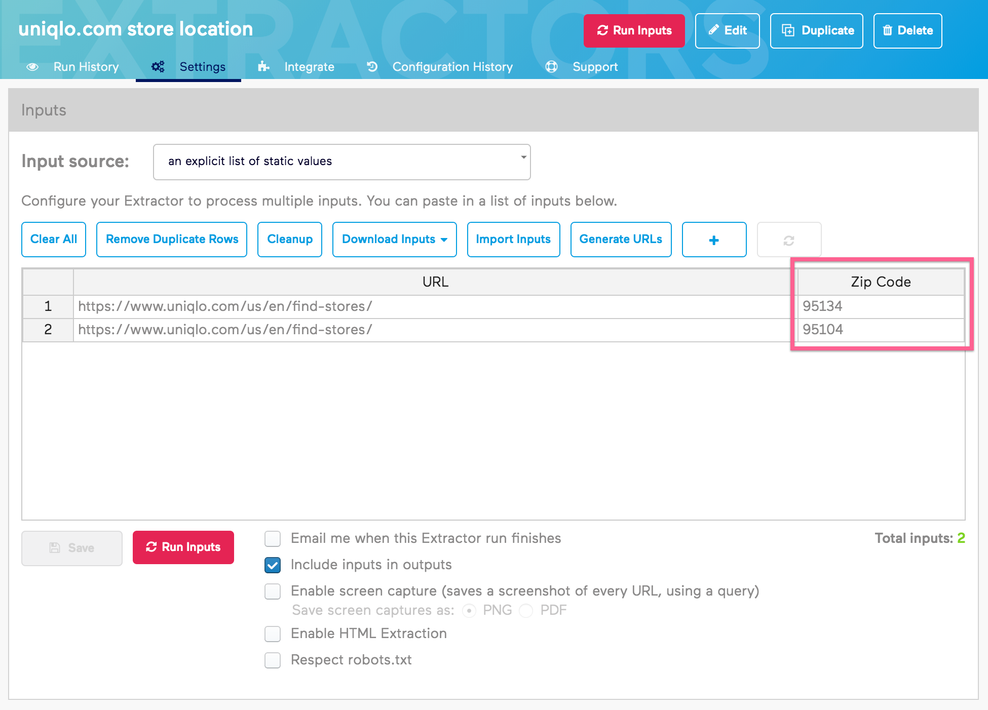 Old Import.io Inputs Settings Custom Inputs View