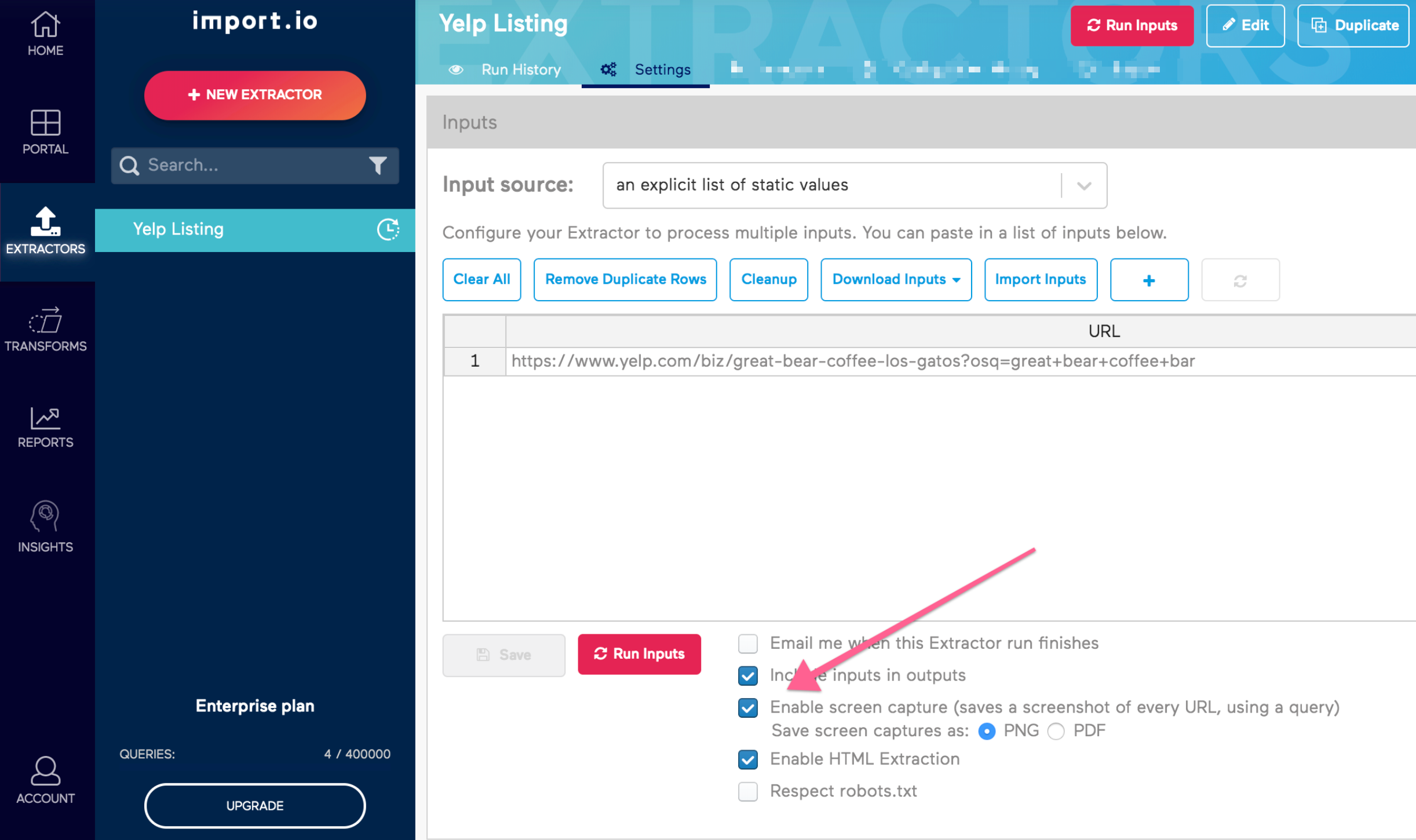 Old Import.io Screen Capture Location