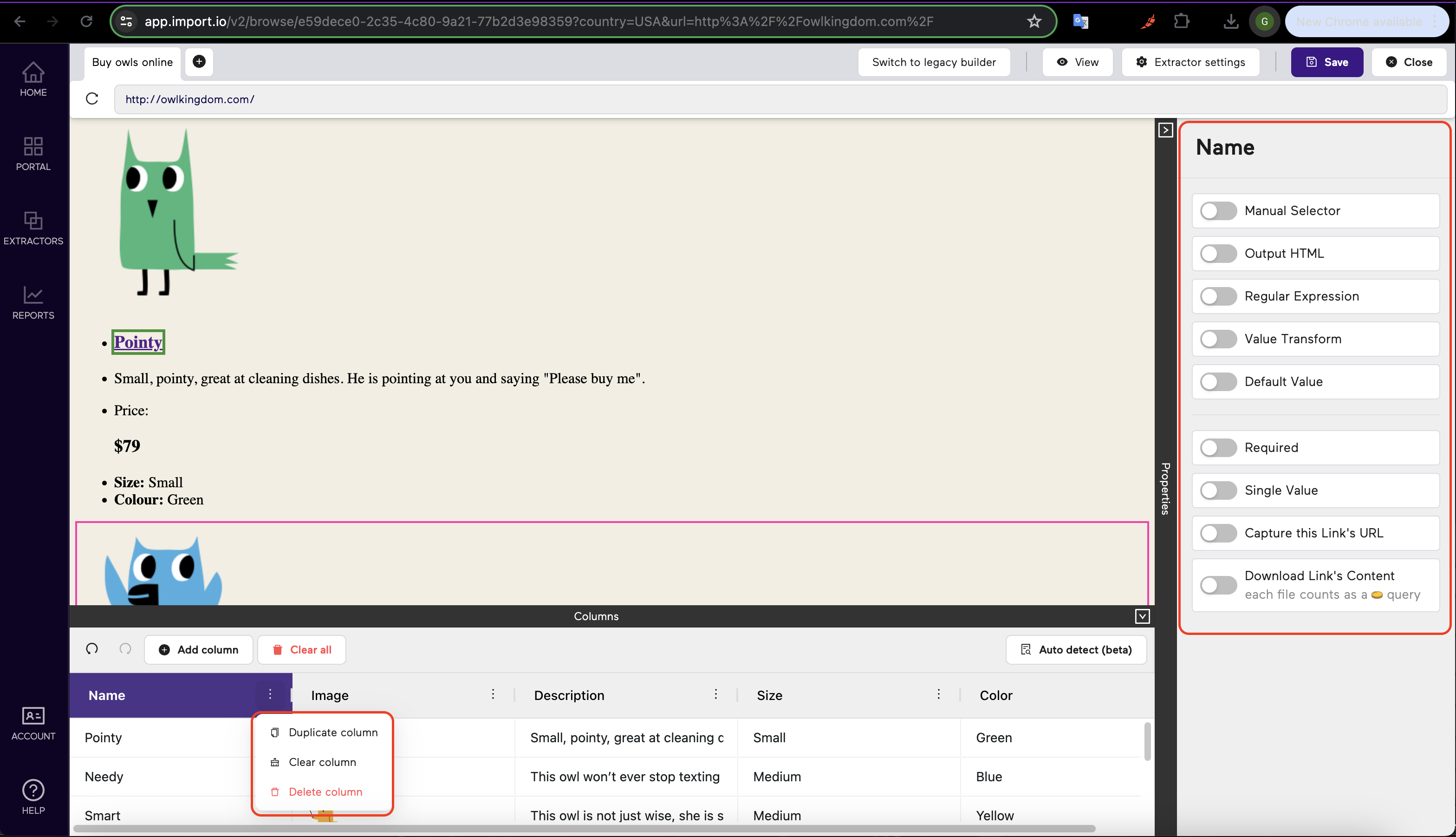Extractor Column Options