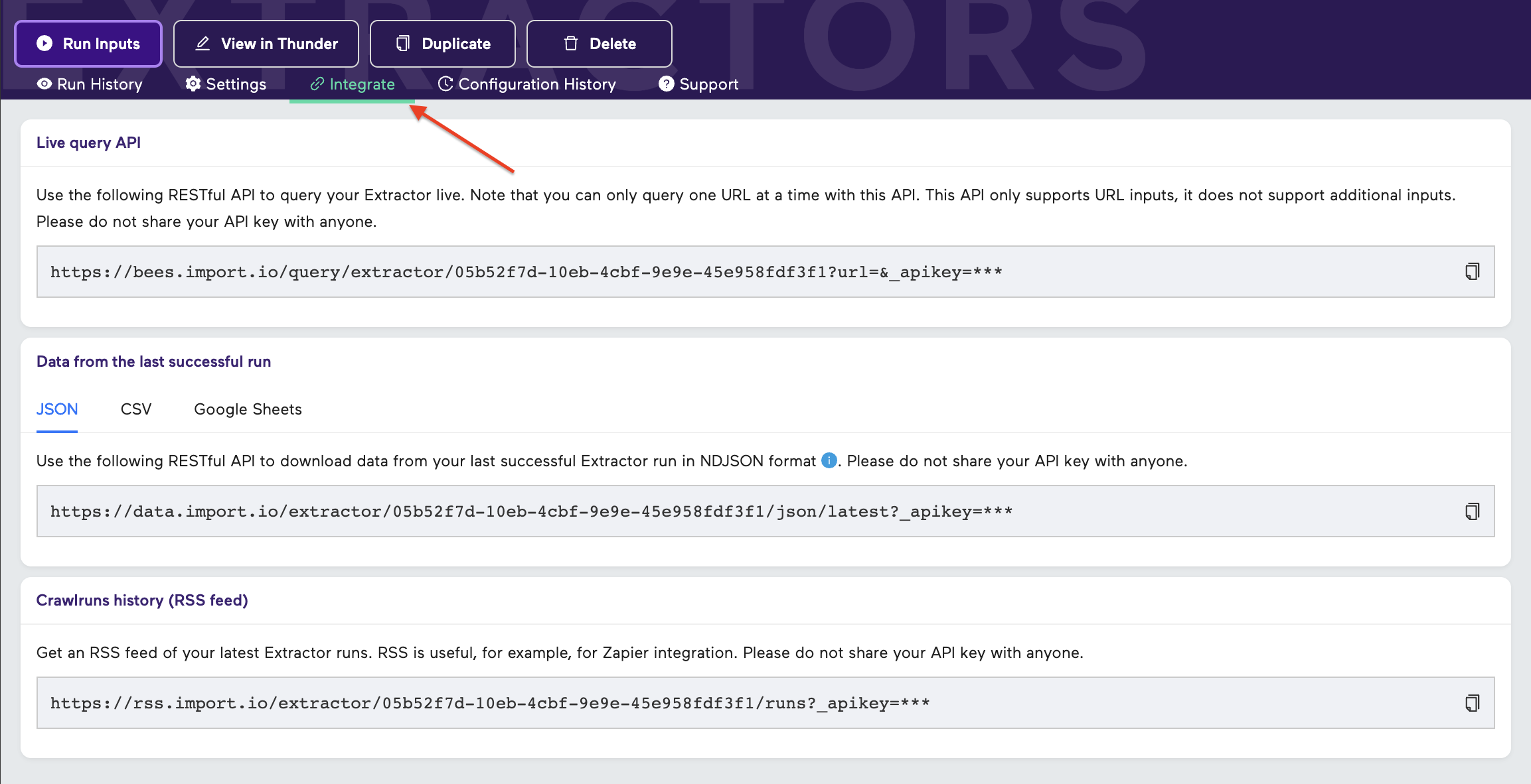 Import.io Integrations Tab View
