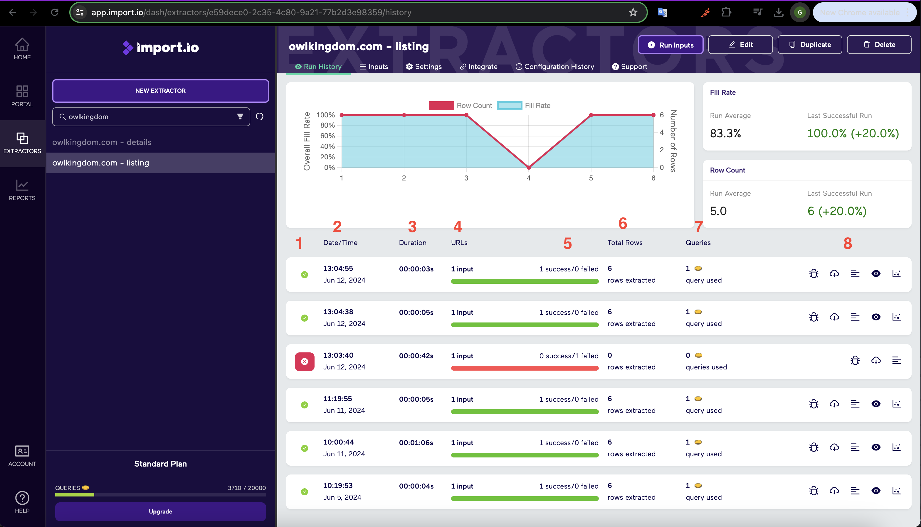 Import.io Numbered Run History View